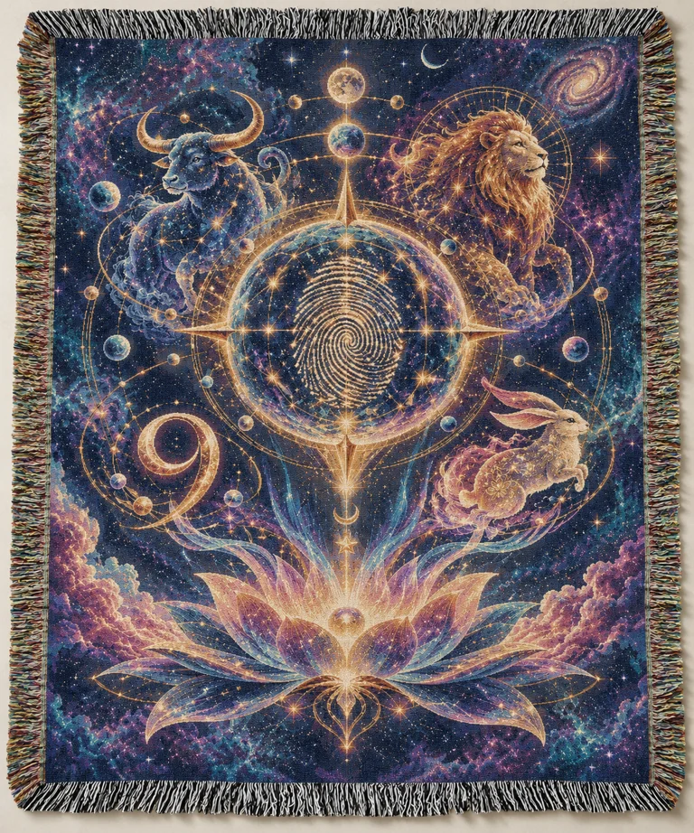 Photorealistic concept mockup of Woven Cosmic Blanket featuring Lumi’s personal Cosmic Identity artwork