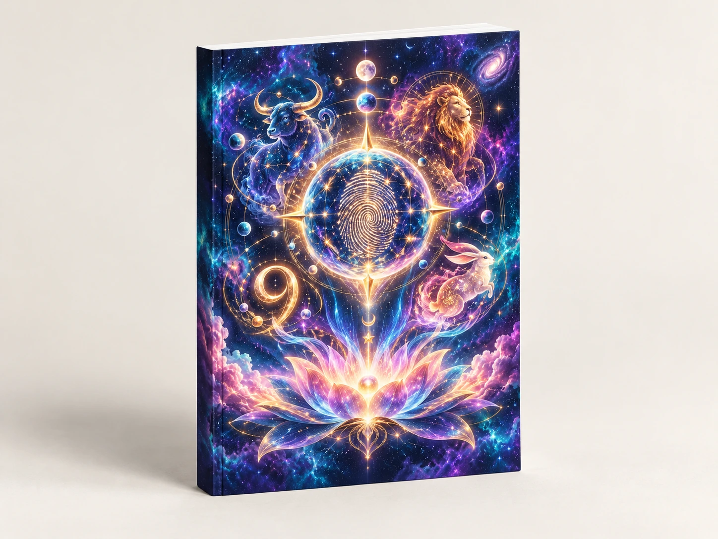 Photorealistic concept mockup of My Cosmic Journal featuring Lumi’s personal Cosmic Identity artwork