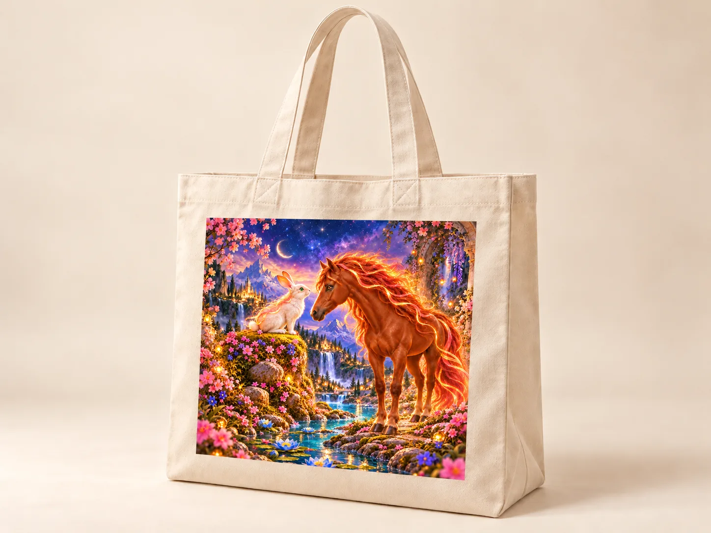 Photorealistic concept mockup of Organic Cosmic Tote featuring Lumi’s personal Cosmic Identity artwork