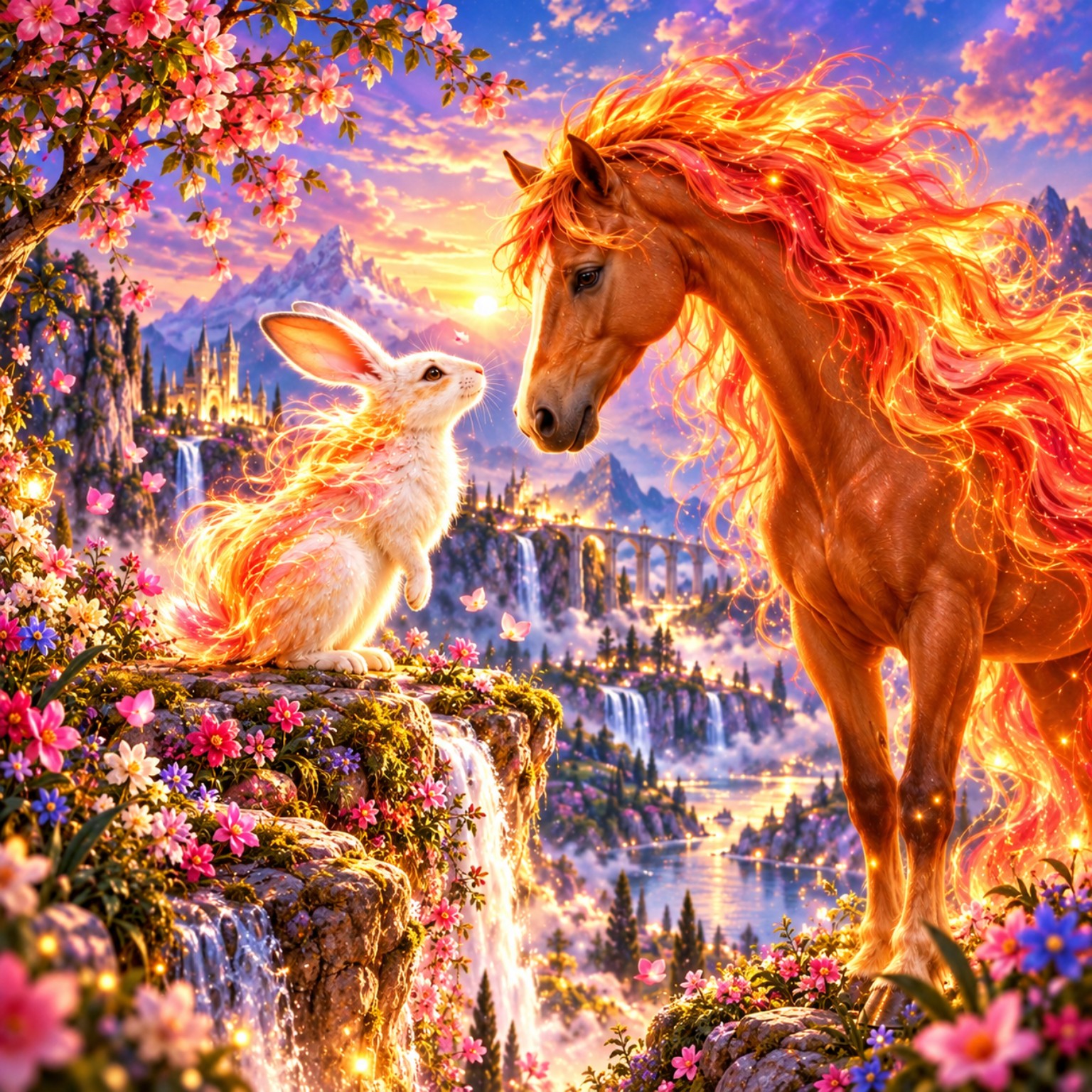 A luminous Fire Rabbit and Fire Horse meeting at eye level in a bright flowering mountain landscape