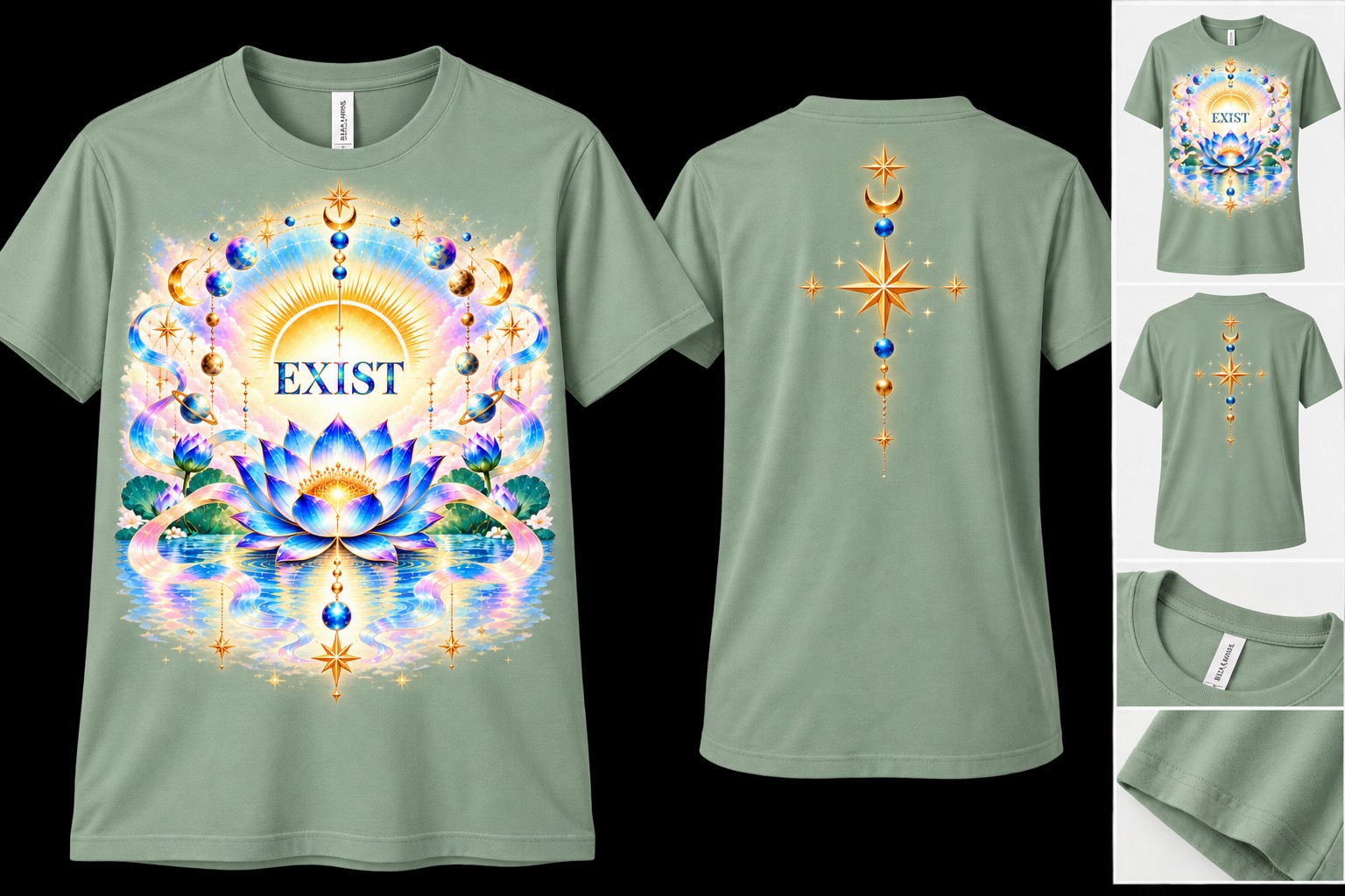 Sage-green Bella + Canvas 3001 T-shirt concept showing the EXIST blue lotus front, golden celestial back ornament, collar and fabric details