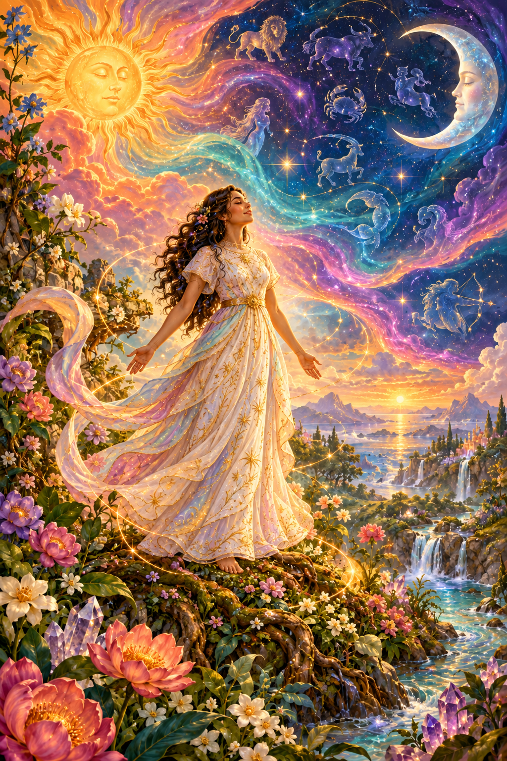 A person grounded in a colorful flowering Earth garden, held within flowing celestial light beneath the Sun, Moon and constellations.